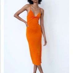 Nwt. Zara Orange Long Front Knot Cut Out Dress. Length 43in, Pit To Pit 15in. Orange Stretch Midi Dress For Date Night, Orange Stretch Midi Dress For Beach, Zara Orange Maxi Dress For Brunch, Zara Orange V-neck Midi Dress, Summer Midi Dress In Orange For Date Night, Orange Summer Midi Dress For Date Night, Elegant Orange Midi Dress By Zara, Zara Orange Fitted Maxi Dress, Zara Orange Fitted Midi Dress