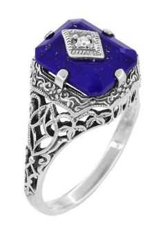 Art Deco Filigree Diamond and Lapis Lazuli Ring in Sterling Silver - Caroline's Daylight Ring - Item: SSR15LA - Image: 2 Katherine Outfits, Daylight Rings, Tvd Clothes, Vampire Ring, Daylight Ring, Ruby Engagement Ring Vintage, Filigree Diamond Ring, Fandom Jewelry, Art Deco Filigree