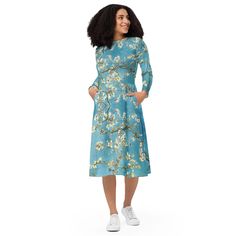 Meet your new favorite dress! Its soft fabric and flattering cut will ensure you feel comfortable and feminine all day long. Plus, the fitted waist and flared bottom part of the dress will accentuate the wearer's naturally beautiful silhouette. The best part about the dress? It. Has. Pockets.   * 95% polyester, 5% elastane (fabric composition may vary by 1%)  * Fabric weight: 6.19 oz/yd2 (210 g/m2) (weight may vary by 5%)  * Premium knit mid-weight jersey fabric  * Midi length  * Long sleeves  * Long Sleeve Floral Print Relaxed Fit Dress, Long Sleeve Relaxed Fit Floral Print Dress, Long Sleeve Relaxed Fit Dress With Floral Print, Modest A-line Long Sleeve Dress For Spring, Relaxed Fit Long Sleeve Floral Print Dress, Aesthetic Midi Dress, Blossom Dress, Van Gogh Almond Blossom, Print Aesthetic