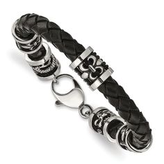 Stainless steel and black braided leather bracelet with polished and antiqued detailed fleur-de-lis and dragon design beads. Measures approximately 8 1/2"L x 5/16"W and has a fancy lobster clasp. Black Leather Jewelry With Lobster Clasp, Braided Leather Bracelet, Dragon Design, Black Braids, Braided Leather, Stainless Steel Material, Bracelet Sizes, Lobster Clasp, Leather Bracelet