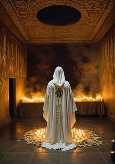 a person dressed in a white robe and surrounded by candles is standing on the floor