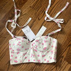 New With Tags Floral Bustier Top With Bow Straps Flower Corset Top, Flower Corset, Bow Straps, Purple Corset, Floral Bustier, Top With Bow, Zara White, Bustier Top, Better Life Quotes