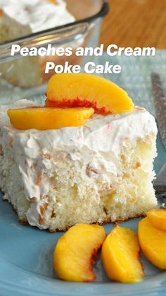 a piece of peaches and cream poke cake on a plate