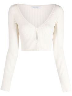 ivory white cotton-silk blend ribbed knit V-neck front button fastening long sleeves straight hem cropped Cute Cream Cotton Cardigan, Cream Cropped Cardigan, White Knit Button-up Cardigan, White Long Sleeve Cardigan, White V-neck Cardigan With Ribbed Cuffs, Cream Long-sleeve Knit Cardigan, John Elliott, White Cardigan, Airport Fashion