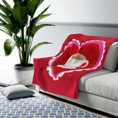 a living room with a couch, potted plant and red blanket on the floor