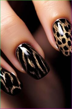 Leopard Dipped Nails, Leopard Manicure Ideas, Leopard Gel Nails Cheetah Print, Black And Gold Leopard Nails, Panther Nails Designs, Leapord Print Nail, Cheetah Accent Nails, Black Animal Print Nails, Nail Designs Leopard Print