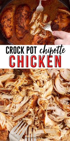 crock pot chicken in a skillet with text overlay