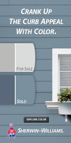 an advertisement for the curb appeal with color, including gray and white sidings on a house