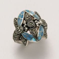 Wildthings  Small Marcasite Two Dragonfly Ring with Blue Shell Dragonfly Ring, Blue Shell, Dragonflies, Frosting, Floral Rings, Toys Games