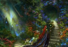 a painting of a woman with long red hair walking down stairs in a garden filled with flowers