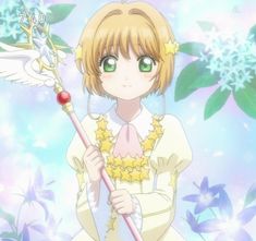 an anime character with green eyes holding a wand and wearing a white dress, surrounded by blue flowers