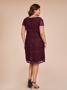 This elegant lace mother of the bride dress features a classic crew neck and short sleeves for a timeless look. The belted waist cinches your figure for a flattering silhouette. Perfect for any formal occasion, this dress is sure to make you feel confident and sophisticated.    Attention!     The sleeves are see-through and unlined. (Refer to the picture below) Mother Of The Bride Dresses Burgundy Tea Length, Knee-length Lace Mother Of The Bride Dress For Formal, Knee-length Lace Dress For Mother Of The Bride, Lace Midi-length Mother Of The Bride Dress, Grandmother Of The Bride Dresses/ Maroon, Chiffon Fabric, Formal Occasion, Ankle Length, Mother Of The Bride Dresses