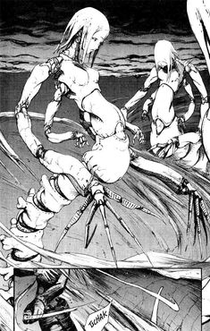 an image of a comic strip with two women in the water and one is holding swords