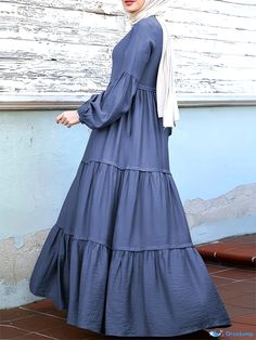 Orcajump - Solid Smocked Kaftan Abayas, Elegant Lantern Sleeve Maxi Length Dress, Women's Clothing Casual Long Sleeve Dresses For Eid, Fitted Casual Dress For Eid, Casual Fitted Dresses For Eid, Casual Maxi Dress For Eid, Casual Blue Dresses For Eid, Elegant Fabric, Lantern Sleeve, Lantern Sleeves, Style Elegant