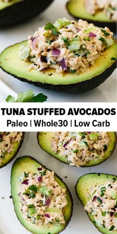 stuffed avocados with tuna salad in the middle