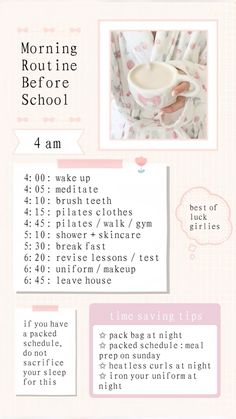 the instructions for how to make a morning routine before school, including coffee and milk