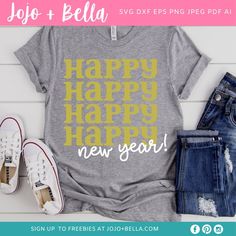 a t - shirt with the words happy new year written on it and ripped jeans