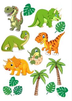 various dinosaurs and palm trees on a white background