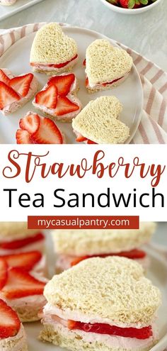 strawberry tea sandwich on a plate with strawberries in the background and text overlay