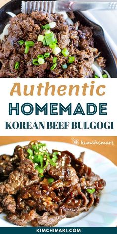 an image of homemade korean beef bulgoi recipe on a plate with text overlay