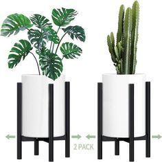 two planters with plants in them are shown side by side, one is white and the other is black