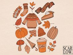 an illustration of autumn items arranged in the shape of a circle