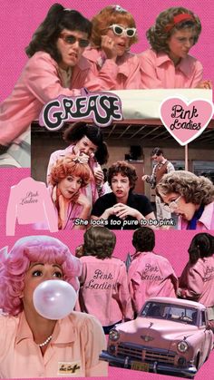 collage of grease girls with pink hair and bubble gums in front of a pink car