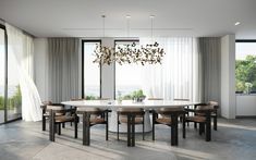 a dining room table with chairs and a chandelier hanging from it's ceiling