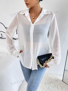 Sheer Button-up Workwear Tops, Sheer Button-up Tops For Workwear, Chic Chiffon Shirt For Work, Elegant Long Sleeve Chiffon Shirt, Chic Chiffon Shirt For Workwear, Spring Chiffon Shirt For Workwear, Long Sleeve Chiffon Shirt For Work, Chic Chiffon Button-up Blouse, Chic Button-up Chiffon Blouse