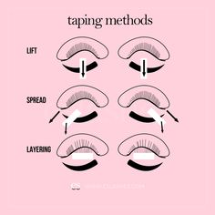 Pictures showing how to use eyelash extension tape for different taping methods and lash extension taping techniques for lash layers and inner and outer corner eyelashes Straight Lashes, Bottom Lashes, Lash Quotes