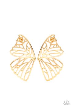 Shimmery gold bars delicately climb scalloped gold frames, coalescing into a whimsical butterfly wing. Earring attaches to a standard post fitting.

 Sold as one pair of double-sided post earrings. Rose Aesthetics, Whimsical Butterfly, Butterfly Aesthetic, Sparkle Fashion, Butterfly Costume, Hollow Earrings, Winter Typ, Big Butterfly, Butterfly Wing Earrings