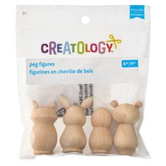 three wooden toy figures in plastic bag on white background with text that reads creatology