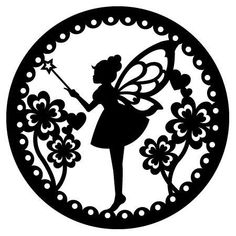 a black and white silhouette of a fairy holding a wand with flowers in the background