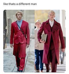 two men in red suits walking down the street, one is wearing a blue shirt