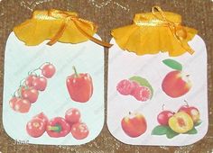 two tags with cherries and peaches on them