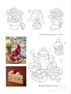 the instructions for how to make a cake with strawberries and flowers on it, including pictures