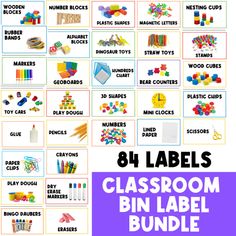 the classroom bin label bundle includes 8 labels and 4 different types of items for children to use