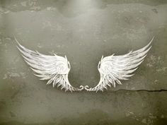 two white angel wings on a black and gray background with light coming from behind them