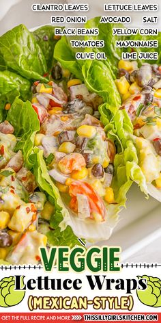 lettuce wraps filled with vegetables on top of a white plate next to an advertisement for mexican style salad