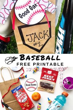 a bag that has some baseball items on it and the words jack is free printable