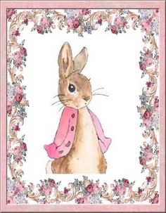 a watercolor painting of a rabbit wearing a pink scarf with flowers on it's border