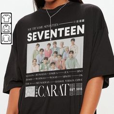 a woman wearing a black t - shirt with an image of seventeen on it