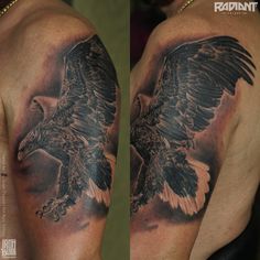 an eagle tattoo is shown on the arm and back of a man's shoulder