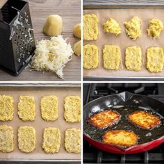 four pictures showing how to make biscuits in the oven and then fry them on the griddle