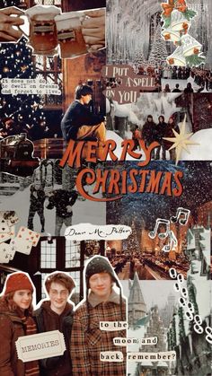 a collage of christmas pictures with people in the background and words written on them