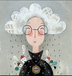 a drawing of a woman with glasses and clouds above her head