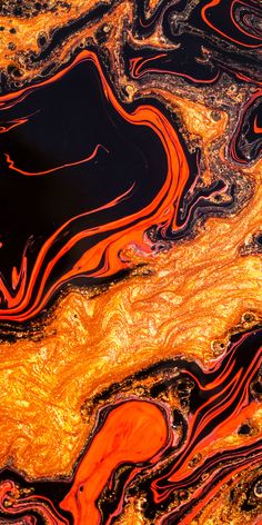 an abstract painting with orange, black and yellow colors on it's surface is shown