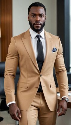 Caramel Groomsmen Suits, Men Suits For Dark Skin, Black Man In Suit Classy, Suits For Dark Skinned Men, Men In Suits Classy, Best Wedding Suits For Men, Mens Beauty, Formal Outfit Ideas, Khaki Suits