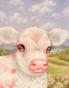 a painting of a baby cow with pink spots on it's face and nose