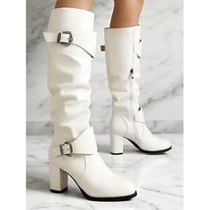 Category:Boots; Upper Materials:PU; Lining Materials:Synthetic Leather; Embellishment:Buckle,Zipper; Season:Spring,Fall,Winter; Heel Type:Chunky Heel; Shaft Circumference:12-14; Gender:Women's; Size Suggestion:standard size, select your usual size; Toe Shape:Round Toe; Type:Knee High Boots; Style:Cute,Elegant,Vintage; Outsole Materials:Rubber; Occasion:Daily,Work,Office; Closure Type:Zipper; Listing Date:09/10/2024; Production mode:External procurement; 2024 Trends:Retro,Mary Jane,Biker boots; Size chart date source:Provided by Supplier.; Strap Type:Ankle Strap; Heel Height(inch):2.95 Chunky Heel Boots, Slouch Boots, Boots For Fall, Boots Style, Chunky Heels Boots, Slouched Boots, 2024 Trends, Black Knees, Biker Boots